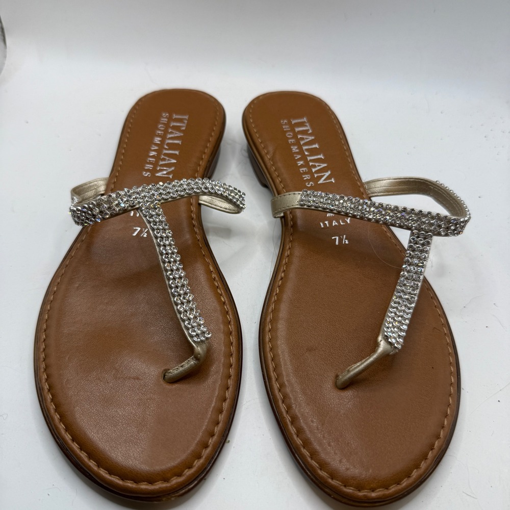 Italian Shoemakers Palazzo Rhinestone T-Strap Sandals Gold Brown Womens 7.5